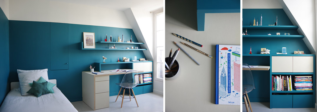 murs étagère bleu canard bureau asymétrique linoléum ficelle